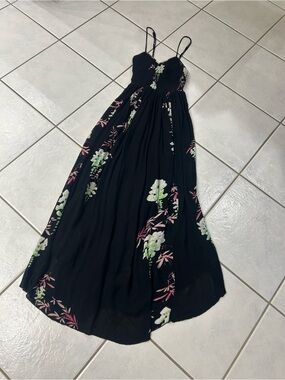 Free People Black Floral V-Neck Maxi Dress with Adjustable Spaghetti Straps